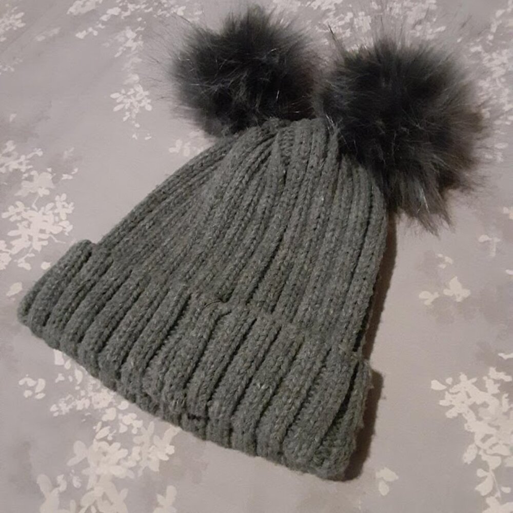Ribbed Knit Wool Blend Hat with Faux Fur Pom Poms